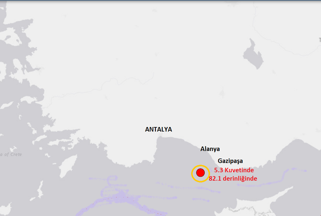 Akdeniz'de Antalya Gazipaşa açıklarınada 5,3 kuvetinde deprem.