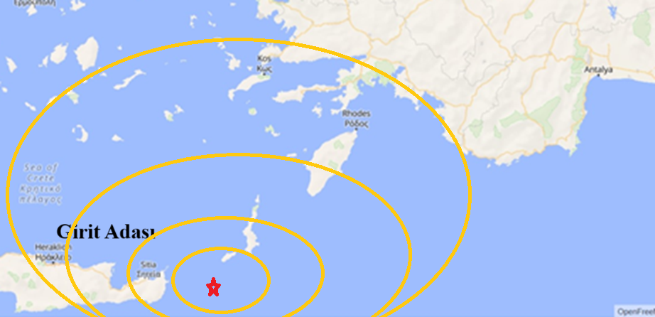Akdenizde Girit adası açıklarında  5 Kuvvetinde Deprem