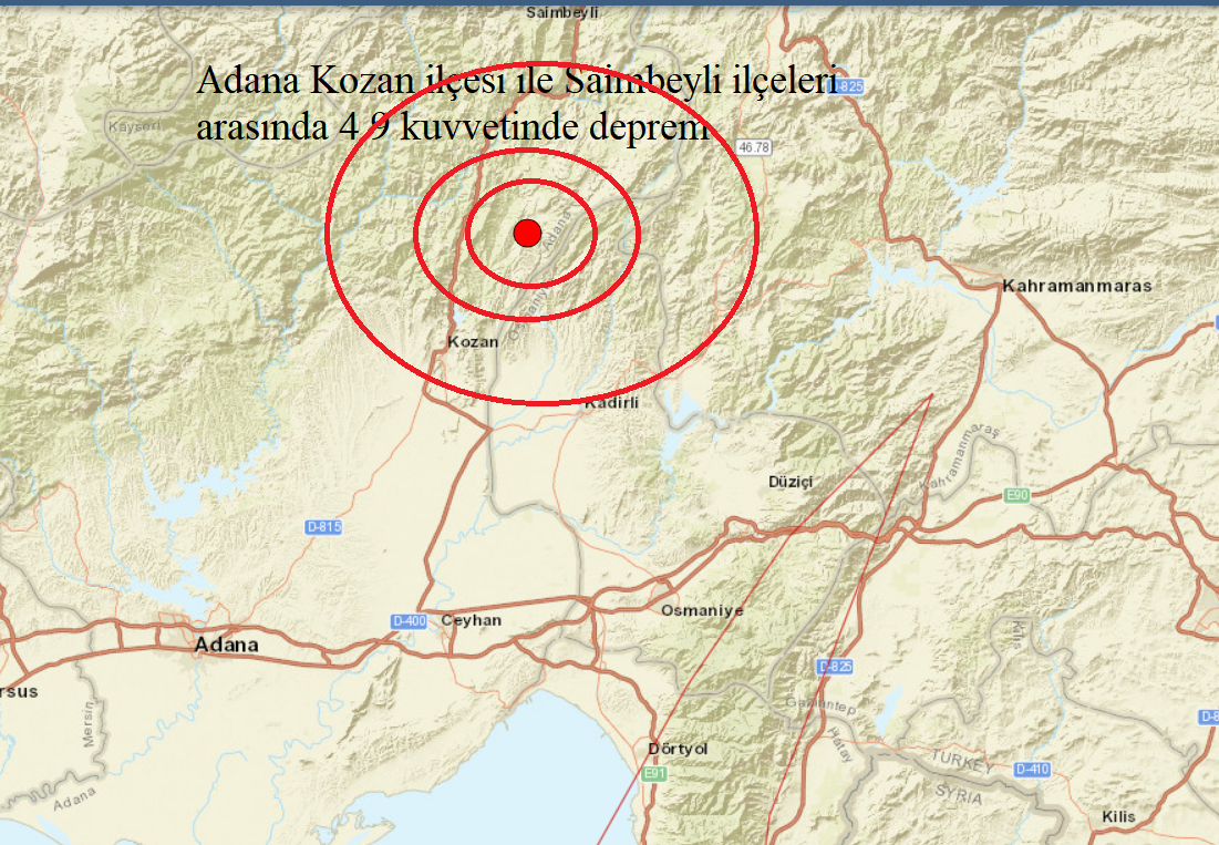 Adana'nın Kozan ve Saimbeyli ilçeleri arasında 4.9 büyüklüğünde bir deprem meydana geldi.